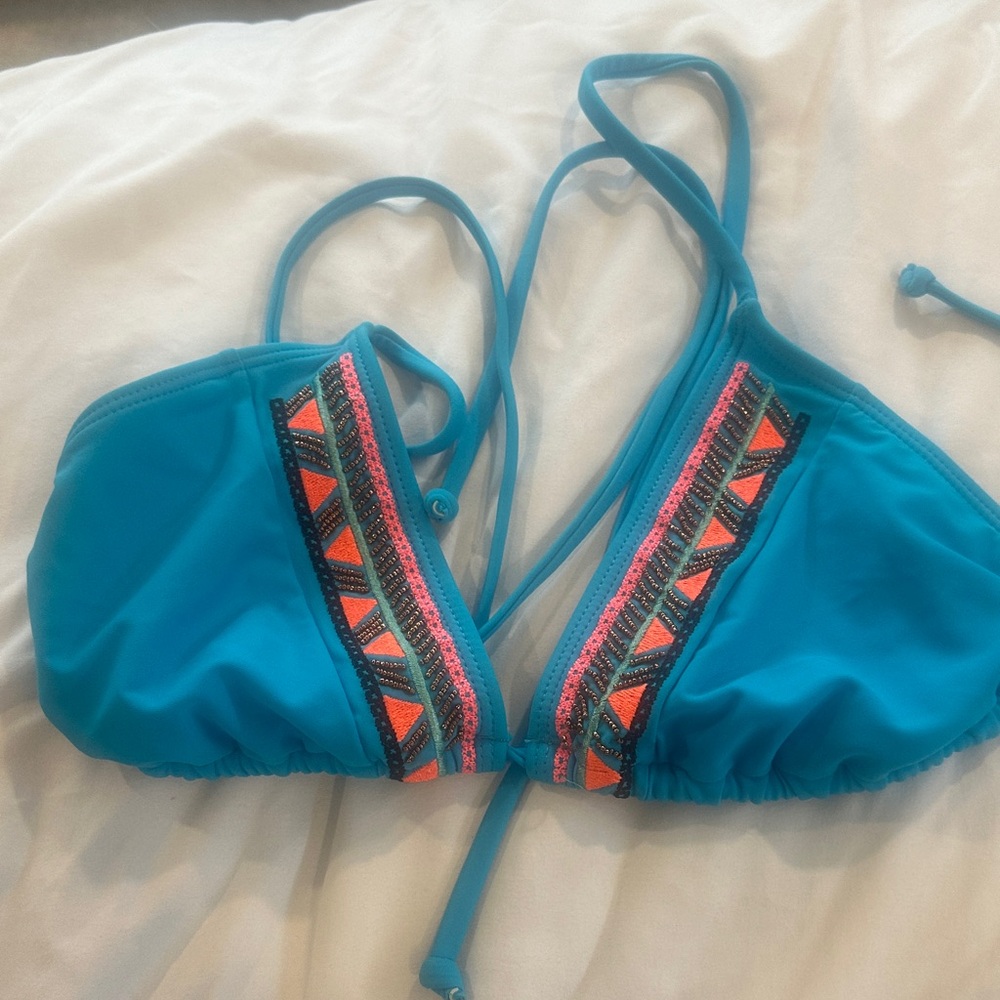 Hobie Turquoise Triangle Bikini Top with Colorful Embroidery